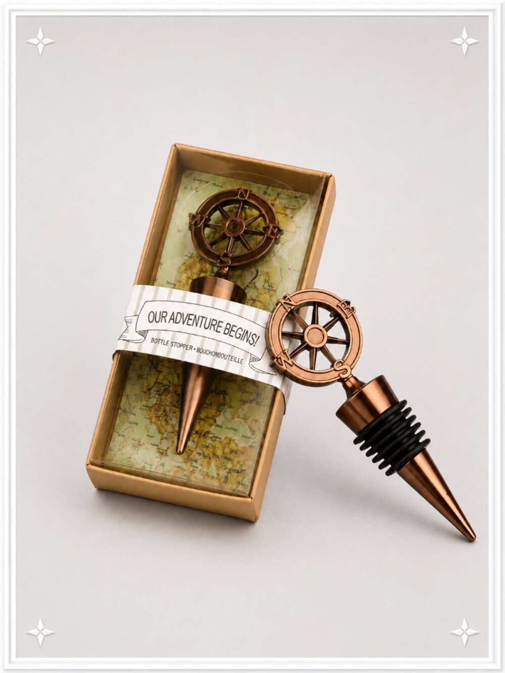 🍾 10pc Compass Bottle Stopper Party Facors- “Our Adventure Begins!”- NWT